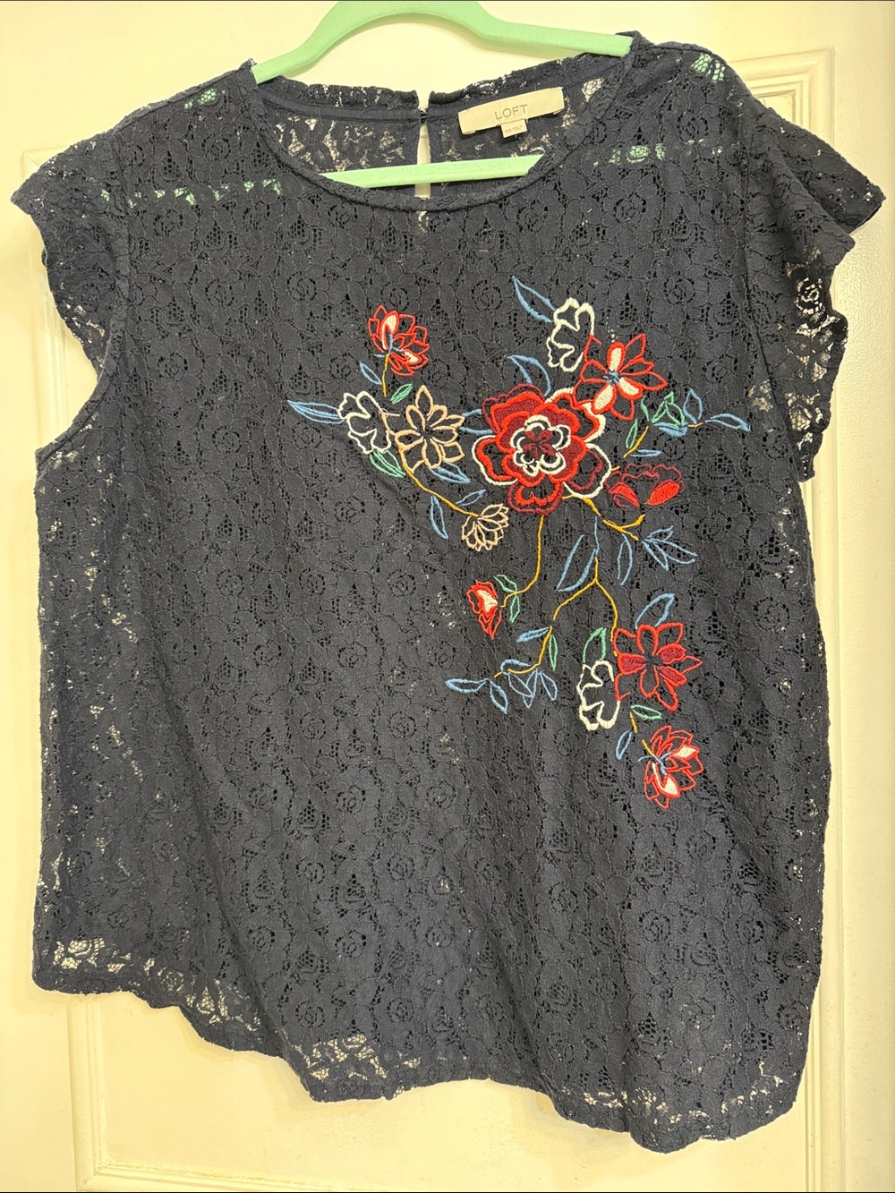 LOFT Navy Lace Top with Red Floral Embroidery